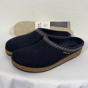 Haflinger Black Wool Clogs with Geometric Trim